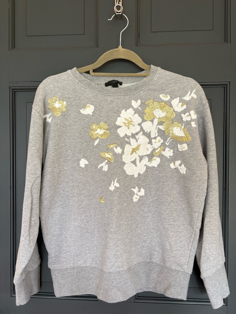 J. Crew Gray Crewneck Sweater with White and Gold Floral Appliqué